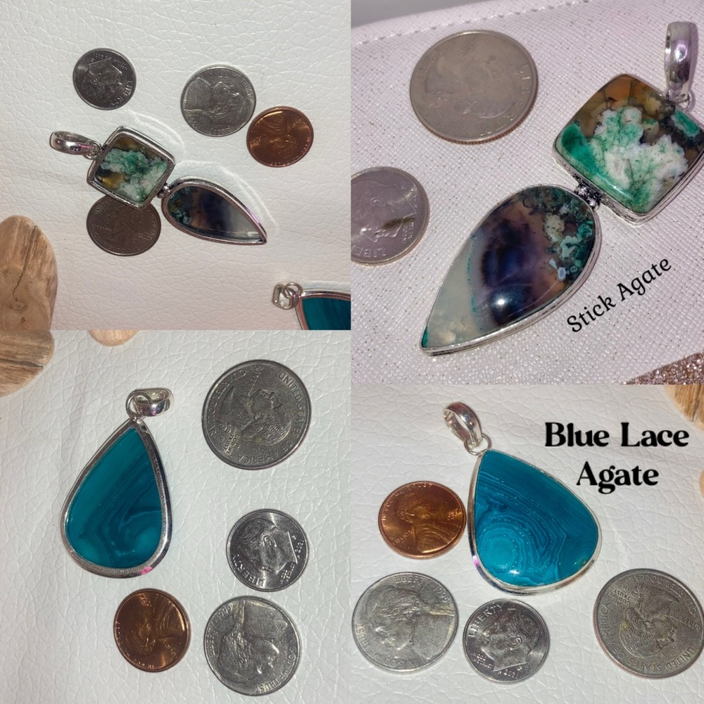 Handmade Natural Gemstone Pendant Set Blue Lace Stick Agate - Picture 5 of 6